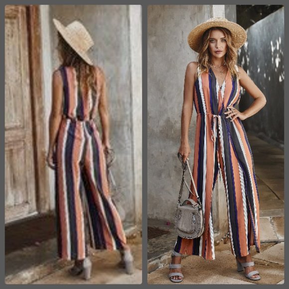 CLEARANCE NEW PINK STRIPED JUMPSUIT SLIMMING SLIT PANTS - Picture 2 of 6